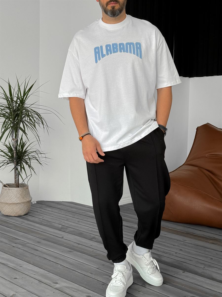 Beyaz Alabama Nakışlı Oversize T-Shirt PM-124