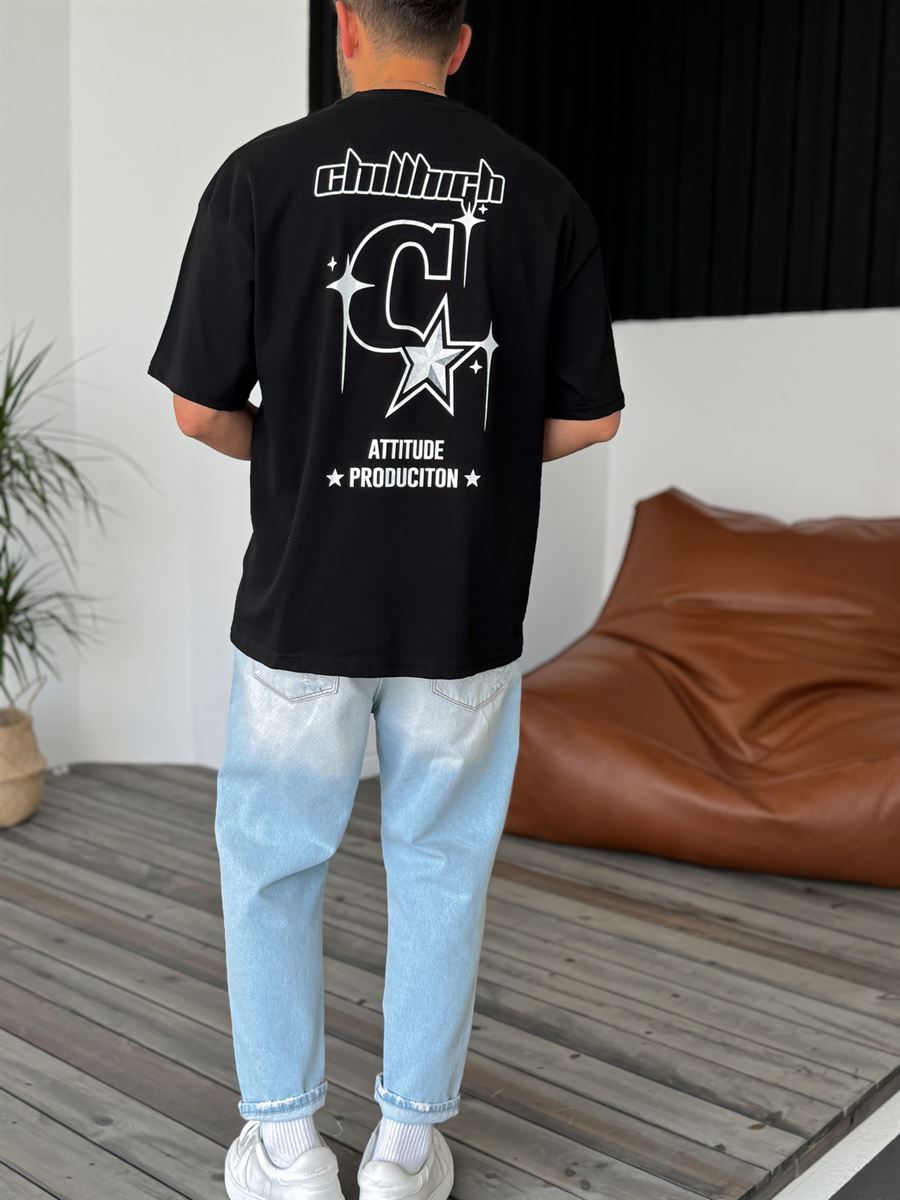 Siyah Attitude Baskılı Oversize T-Shirt PM-