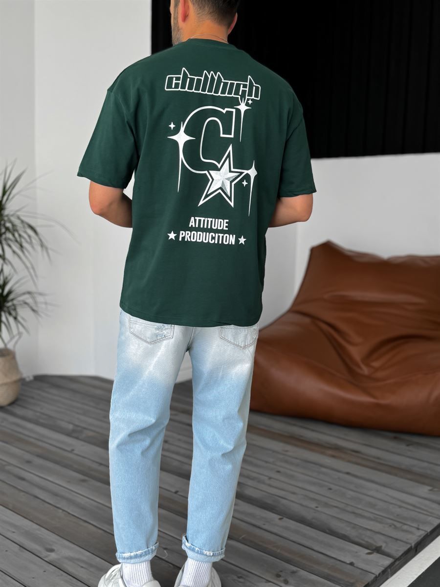 Koyu Yeşil Attitude Baskılı Oversize T-Shirt PM-