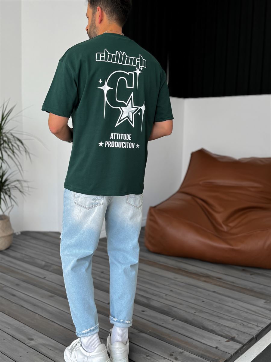 Koyu Yeşil Attitude Baskılı Oversize T-Shirt PM-