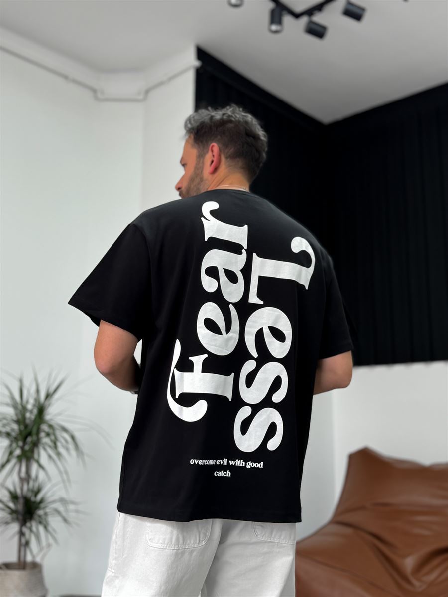 Siyah Fear Kabartmalı Oversize T-Shirt C-1126