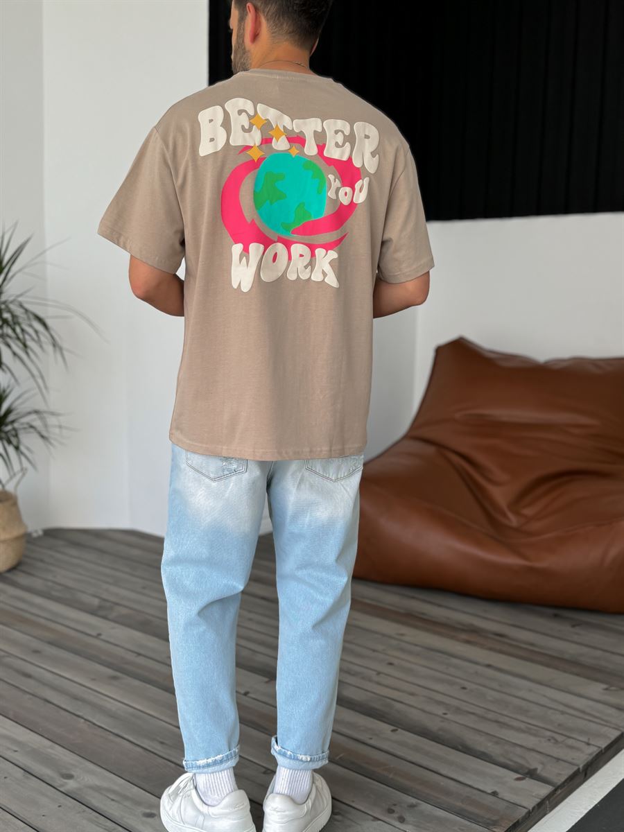 Bej Better You Kabartmalı Oversize T-Shirt C-1124