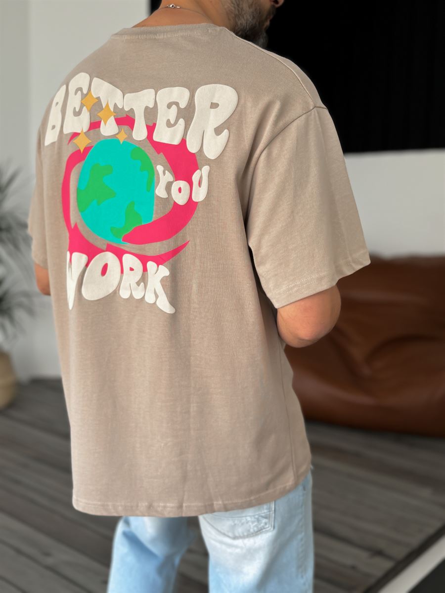 Bej Better You Kabartmalı Oversize T-Shirt C-1124