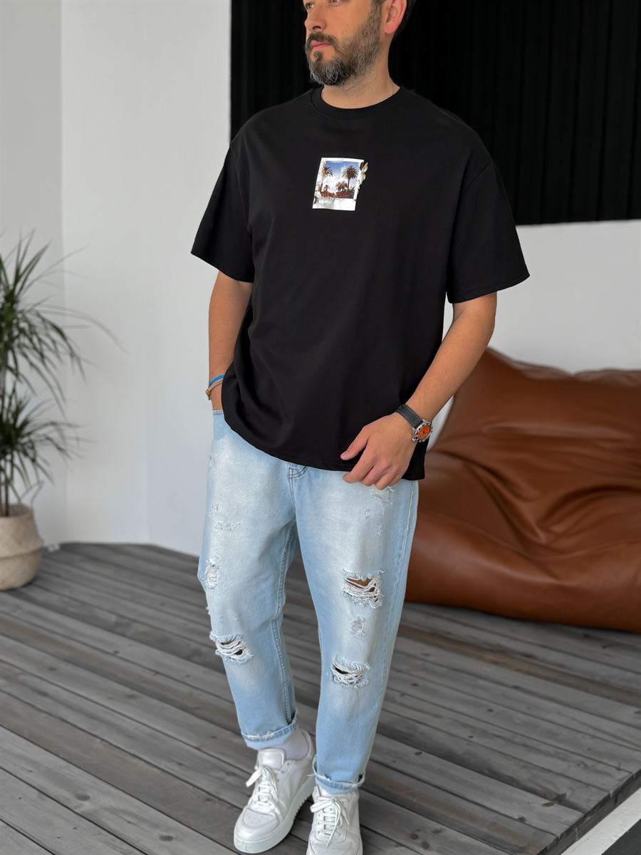 Siyah Polaroid Baskılı Oversize T-Shirt C-1007