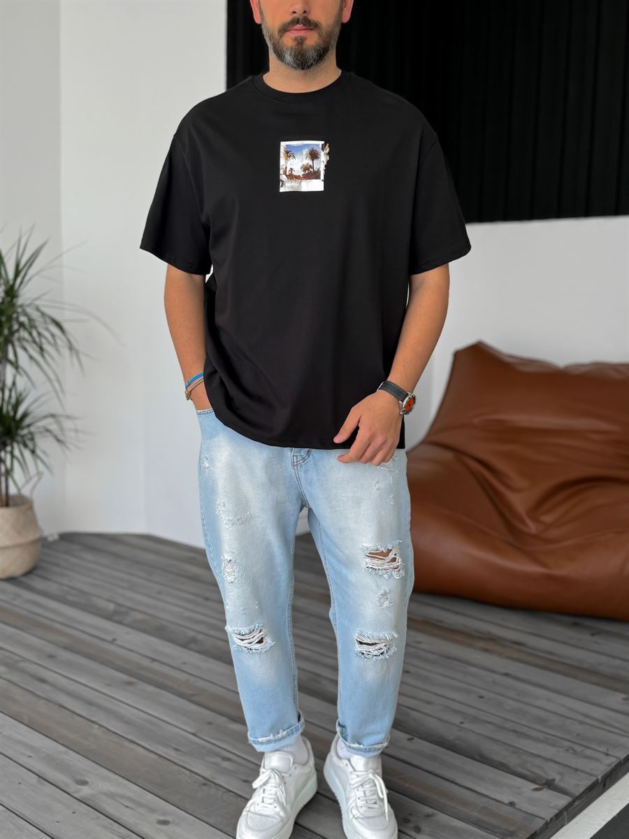 Siyah Polaroid Baskılı Oversize T-Shirt C-1007