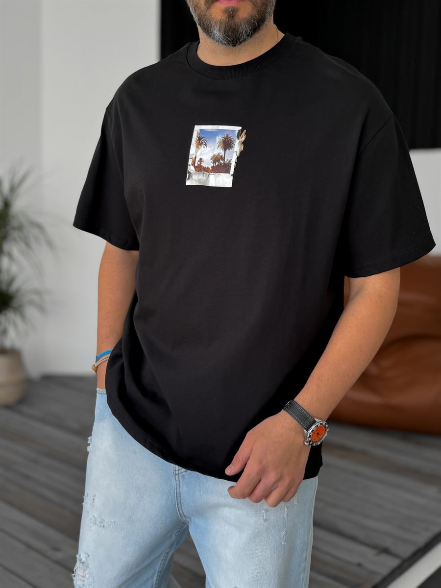 Siyah Polaroid Baskılı Oversize T-Shirt C-1007