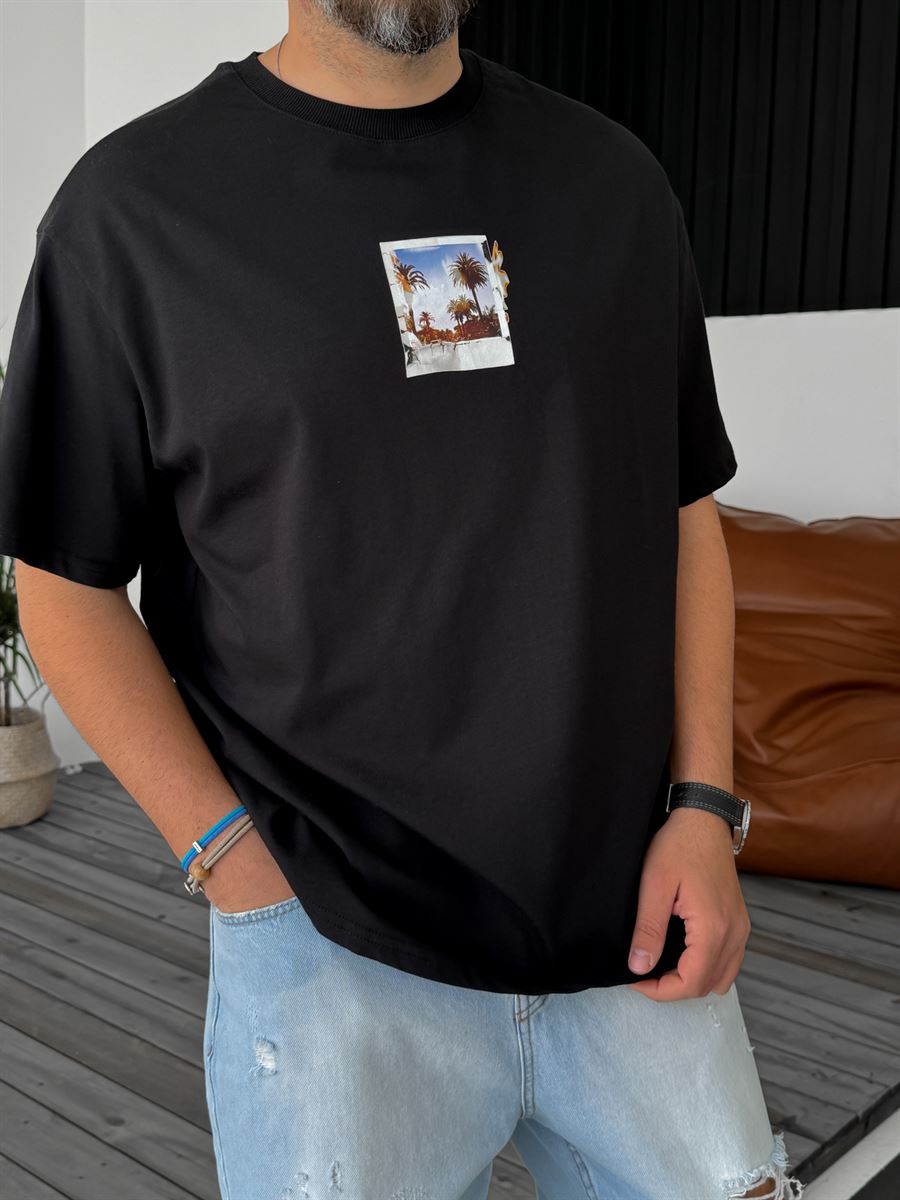 Siyah Polaroid Baskılı Oversize T-Shirt C-1007