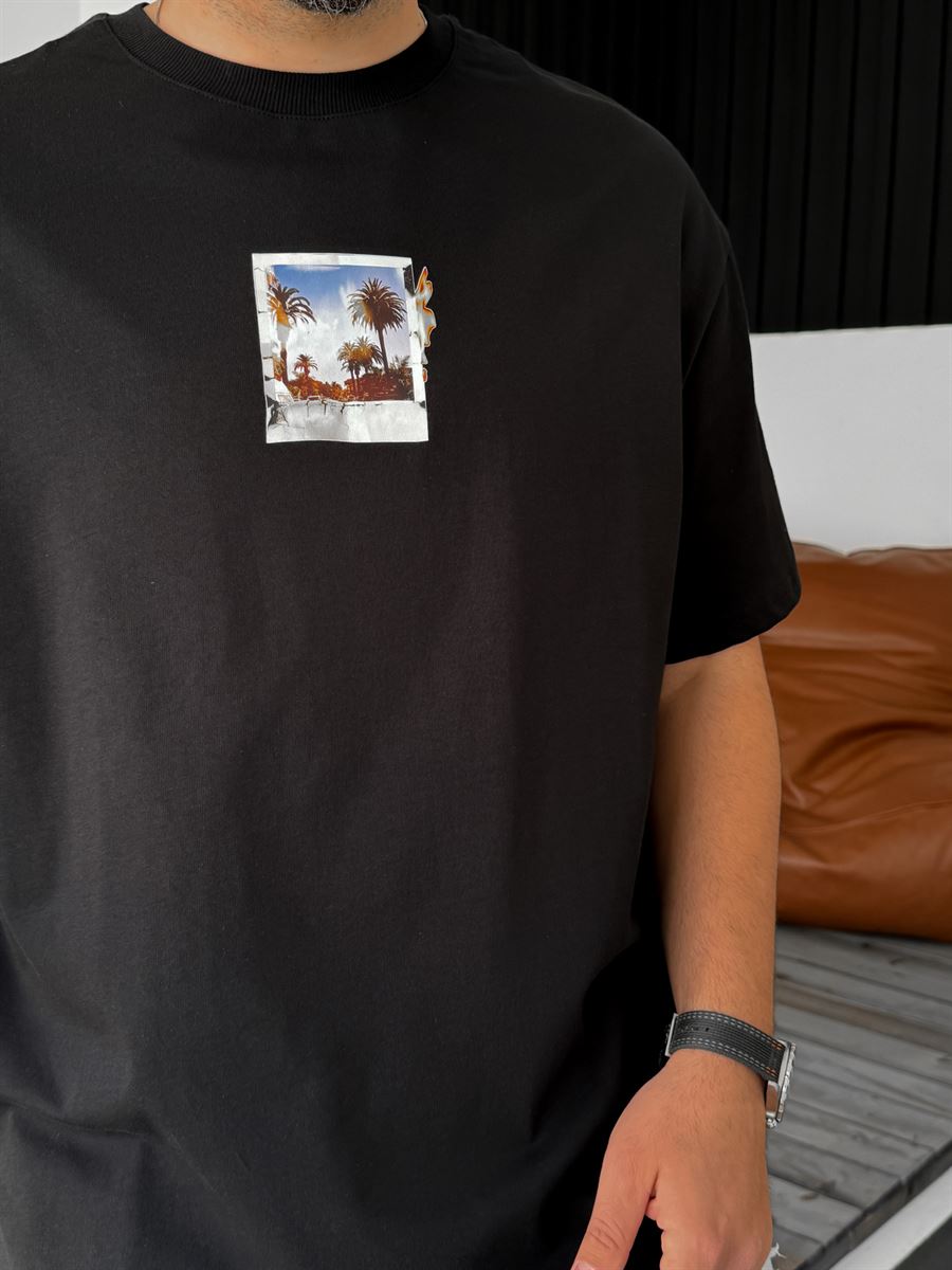 Siyah Polaroid Baskılı Oversize T-Shirt C-1007