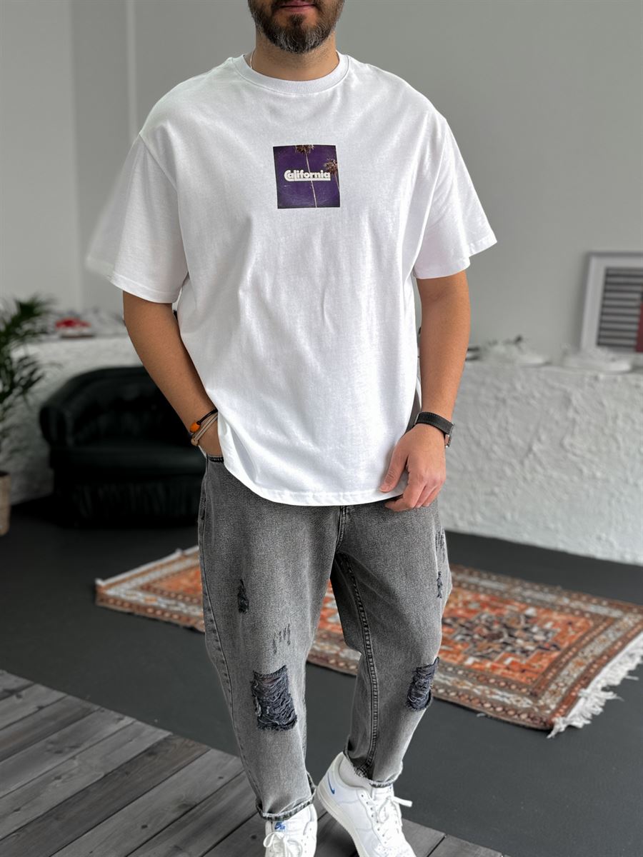 Beyaz California Baskılı Oversize T-Shirt C-1106