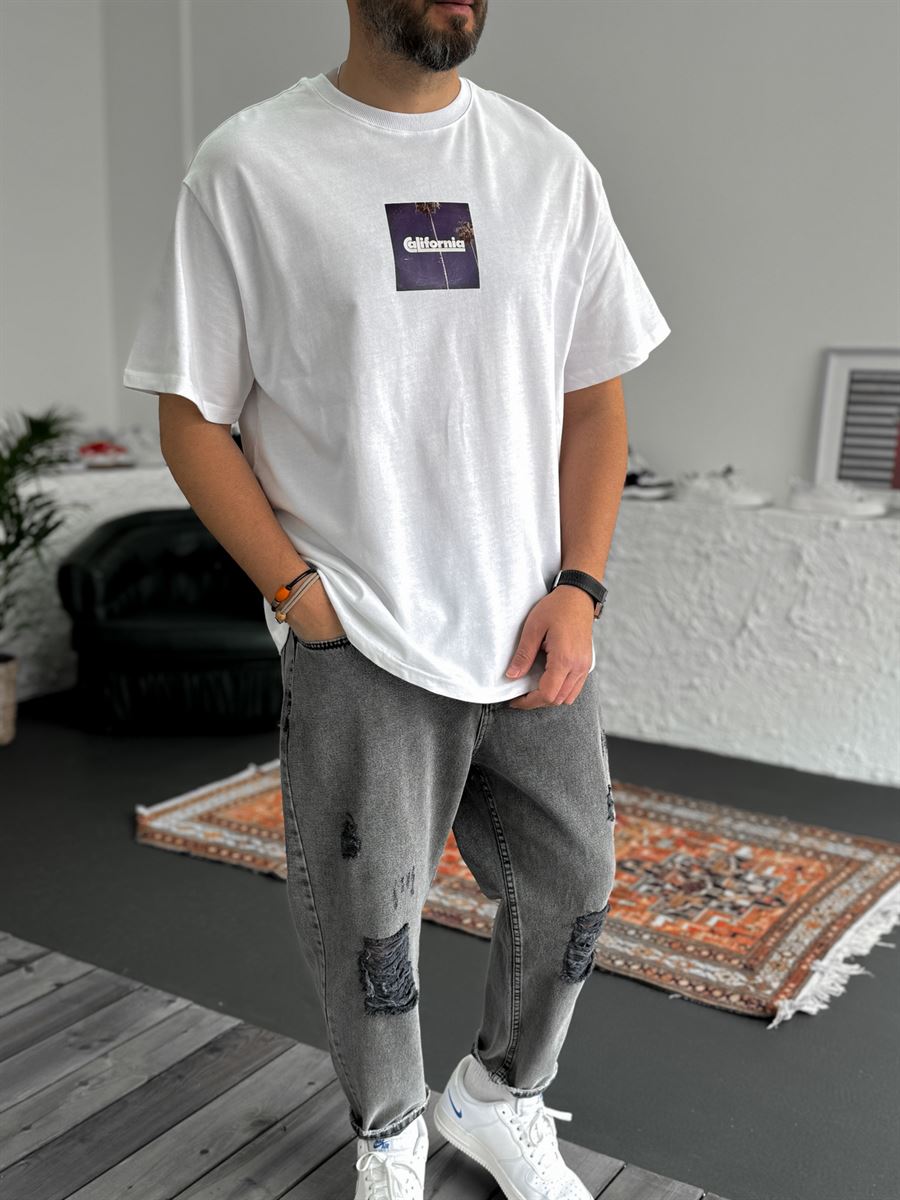 Beyaz California Baskılı Oversize T-Shirt C-1106