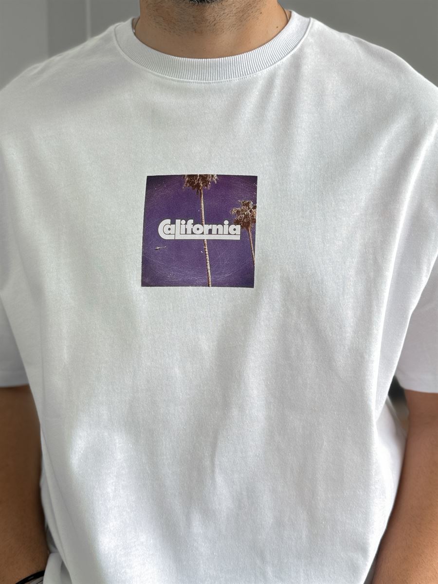 Beyaz California Baskılı Oversize T-Shirt C-1106