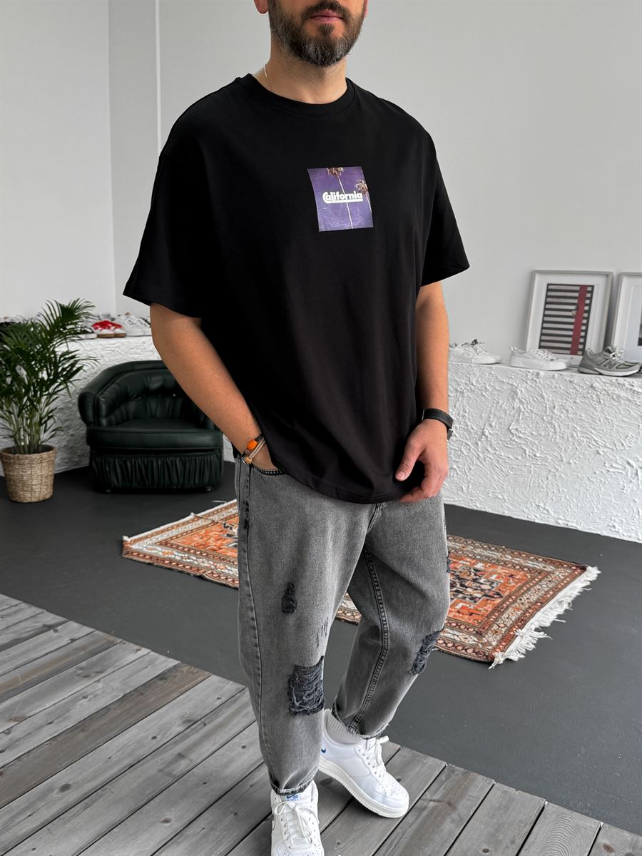 Siyah California Baskılı Oversize T-Shirt C-1106