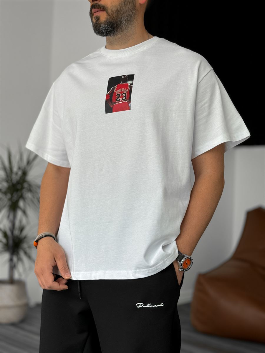 Beyaz Jordan Baskılı Oversize T-Shirt C-1008