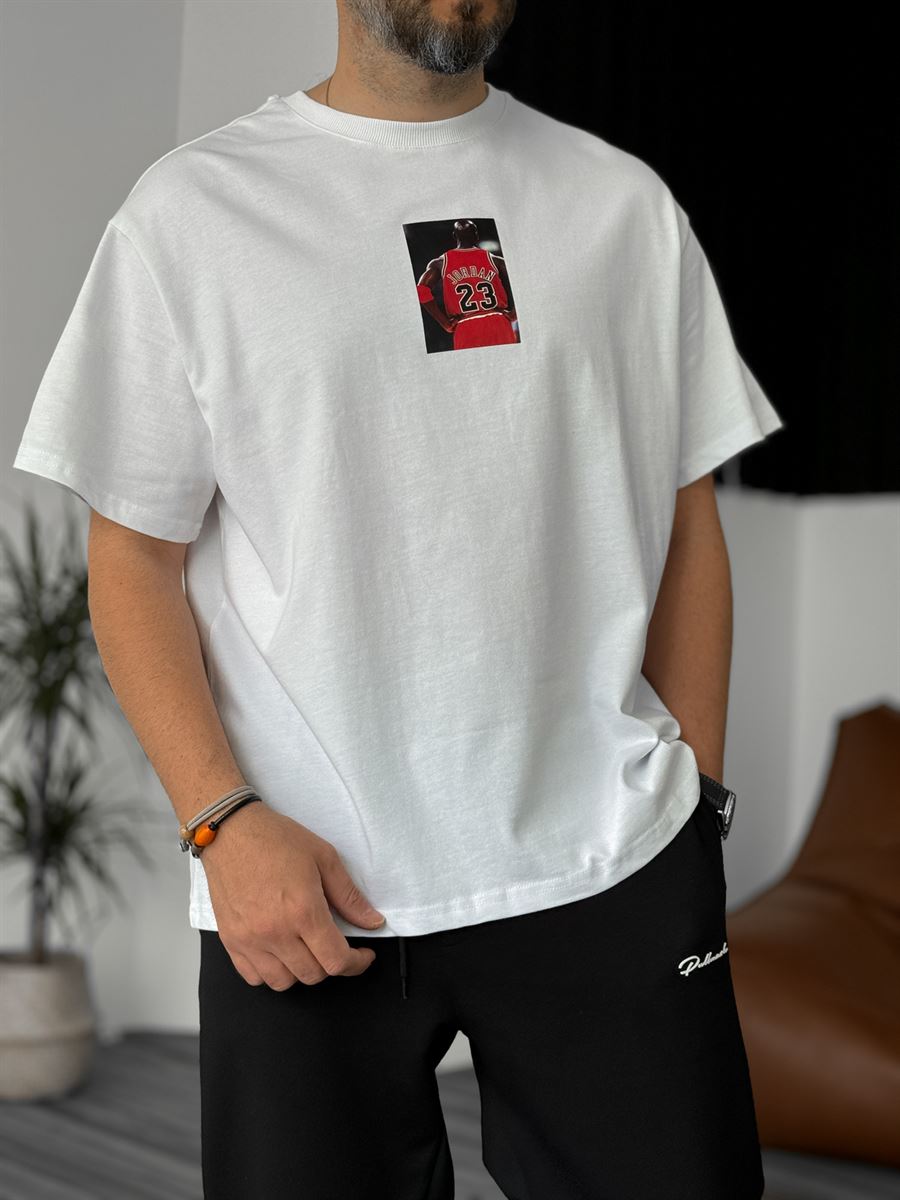 Beyaz Jordan Baskılı Oversize T-Shirt C-1008