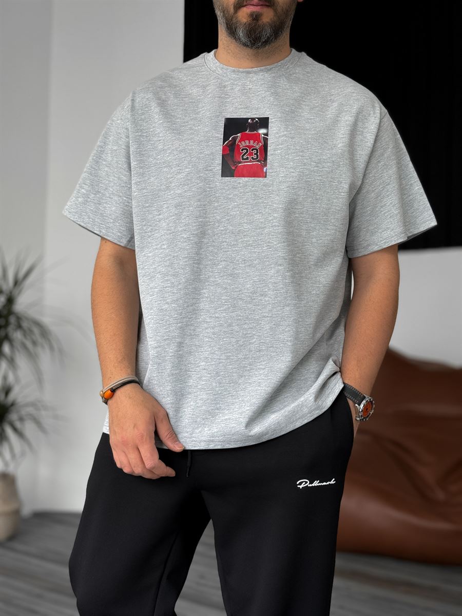 Gri Jordan Baskılı Oversize T-Shirt C-1008