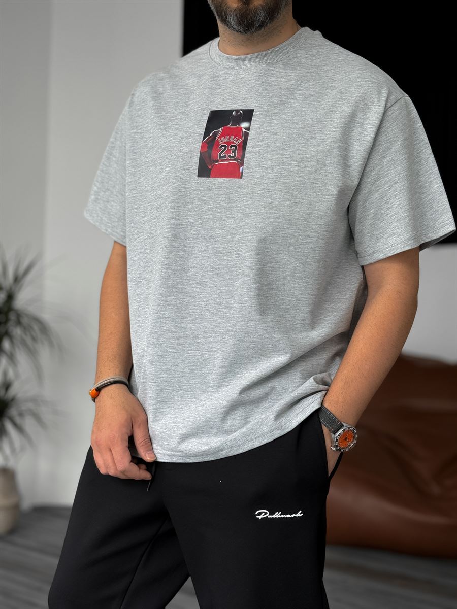 Gri Jordan Baskılı Oversize T-Shirt C-1008