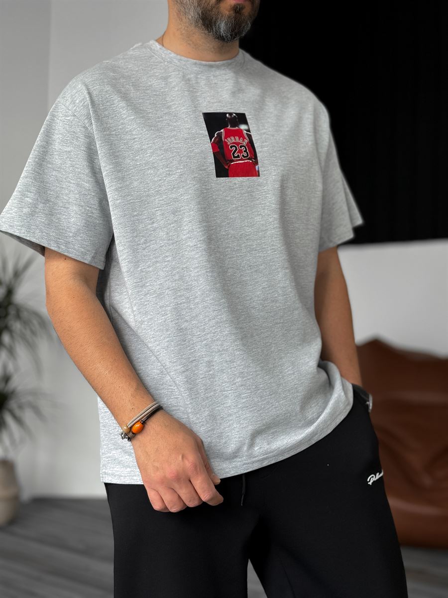 Gri Jordan Baskılı Oversize T-Shirt C-1008