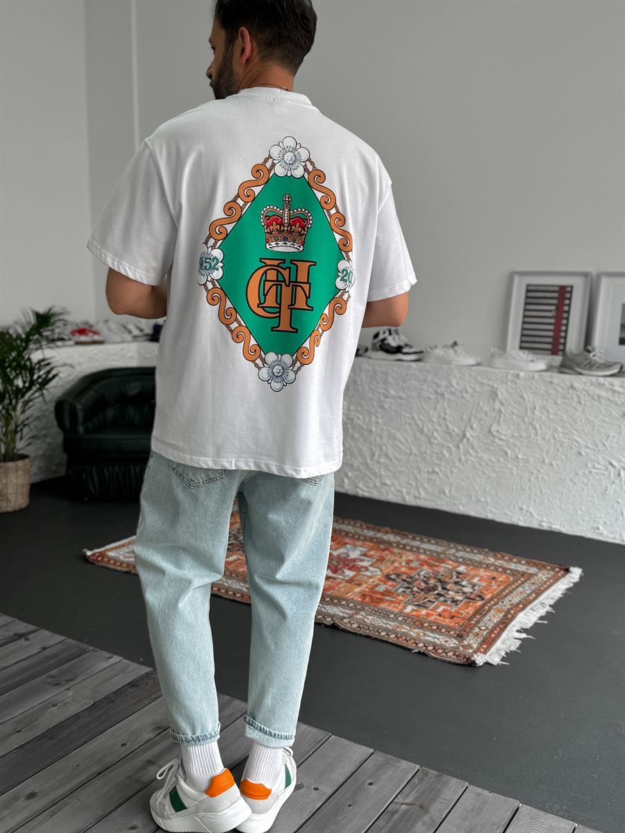 Beyaz Arma Baskılı Oversize T-Shirt C-054