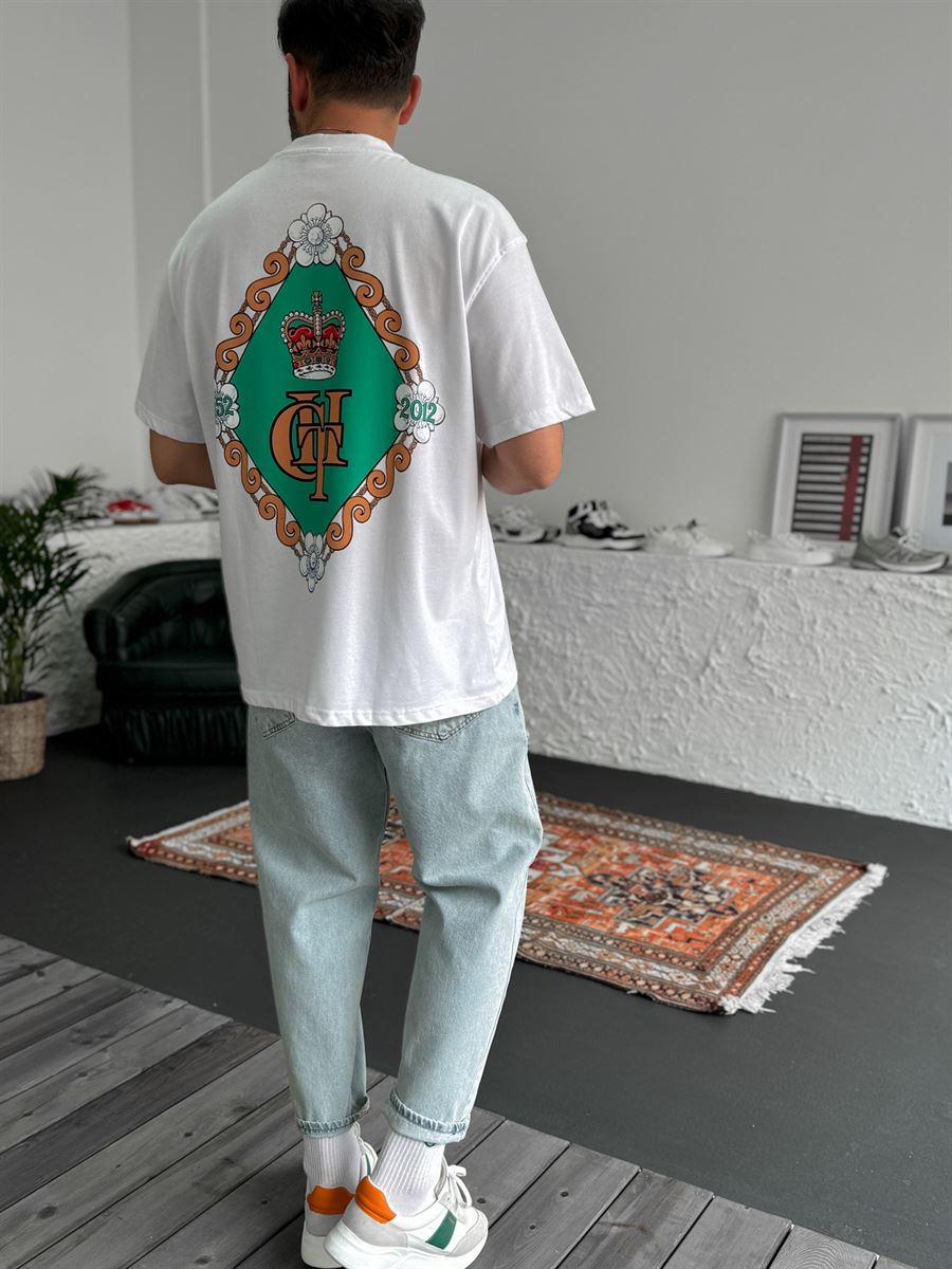 Beyaz Arma Baskılı Oversize T-Shirt C-054