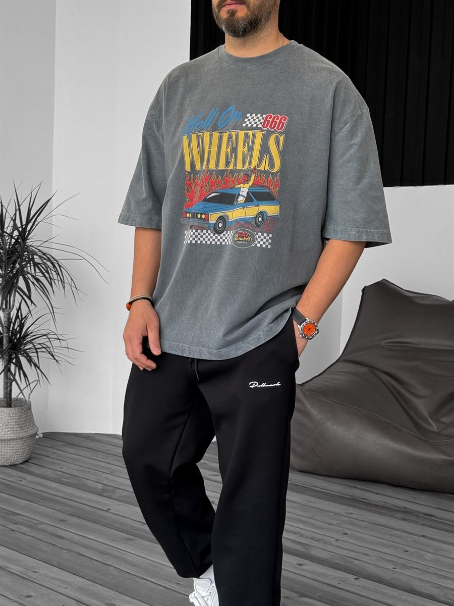 Antrasit Yıkamalı Wheels Baskılı Oversize T-Shirt BS-