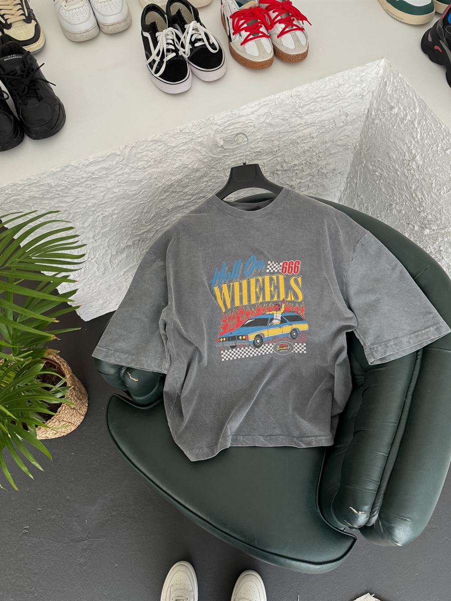 Antrasit Yıkamalı Wheels Baskılı Oversize T-Shirt BS-