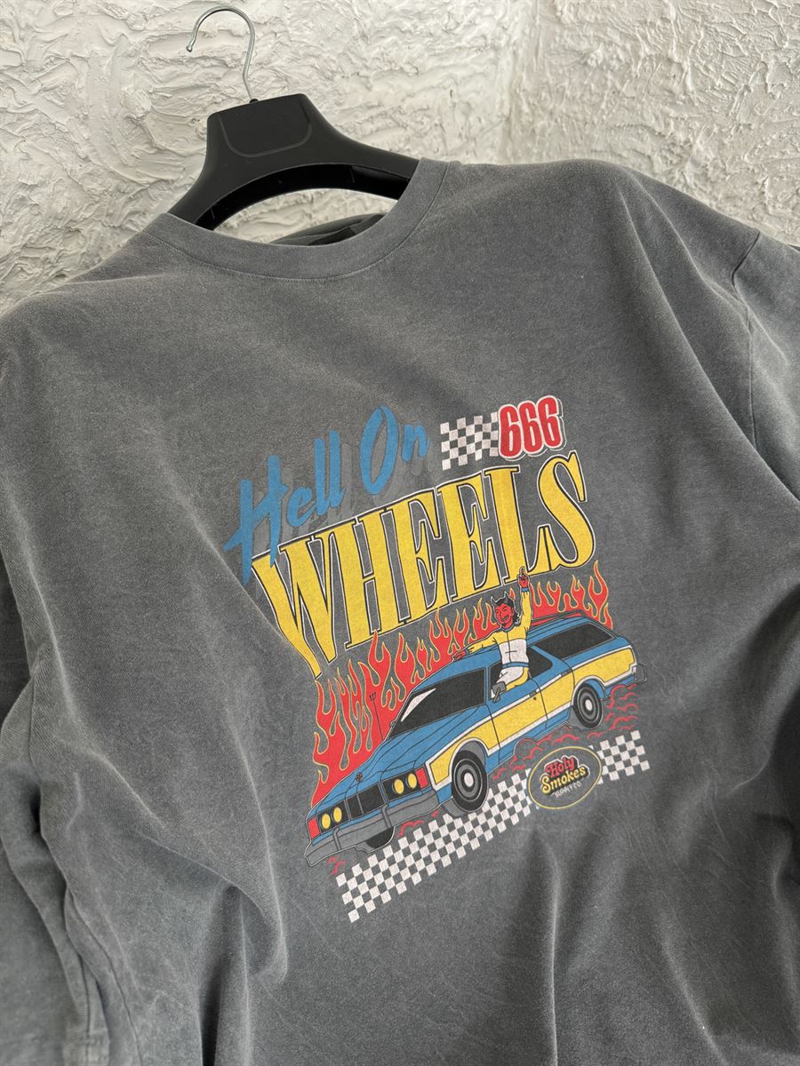 Antrasit Yıkamalı Wheels Baskılı Oversize T-Shirt BS-