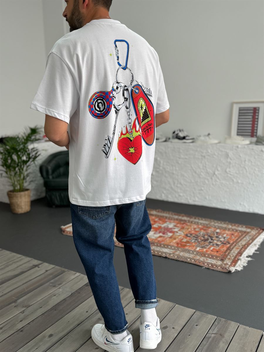 Beyaz 777 Baskılı Oversize T-Shirt C-007