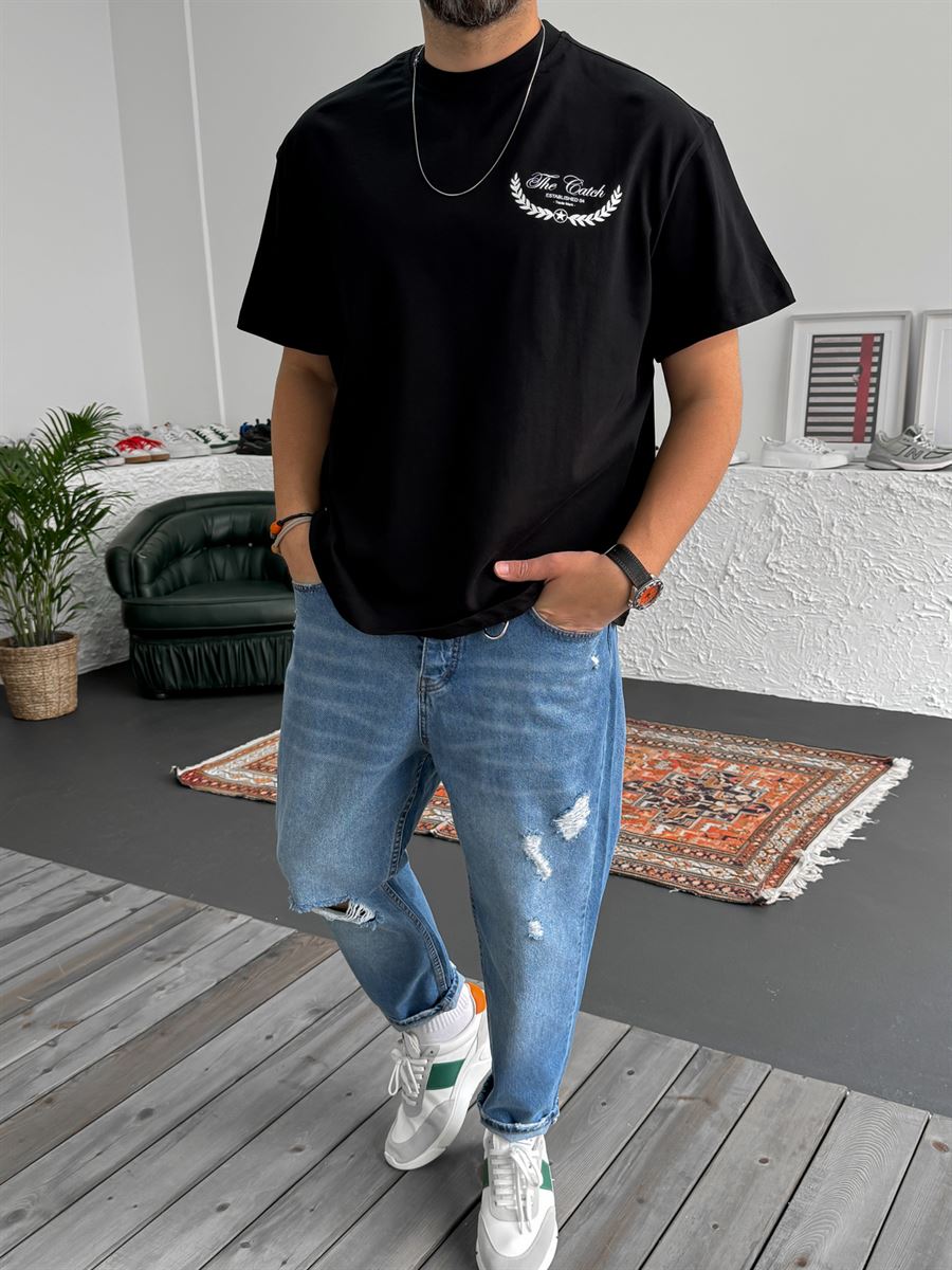 Siyah Established Baskılı Oversize T-Shirt C-1219