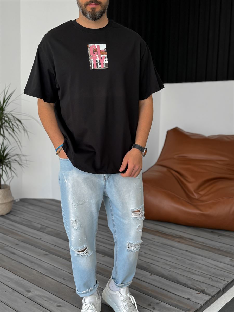 Siyah City Baskılı Oversize T-Shirt C-1004