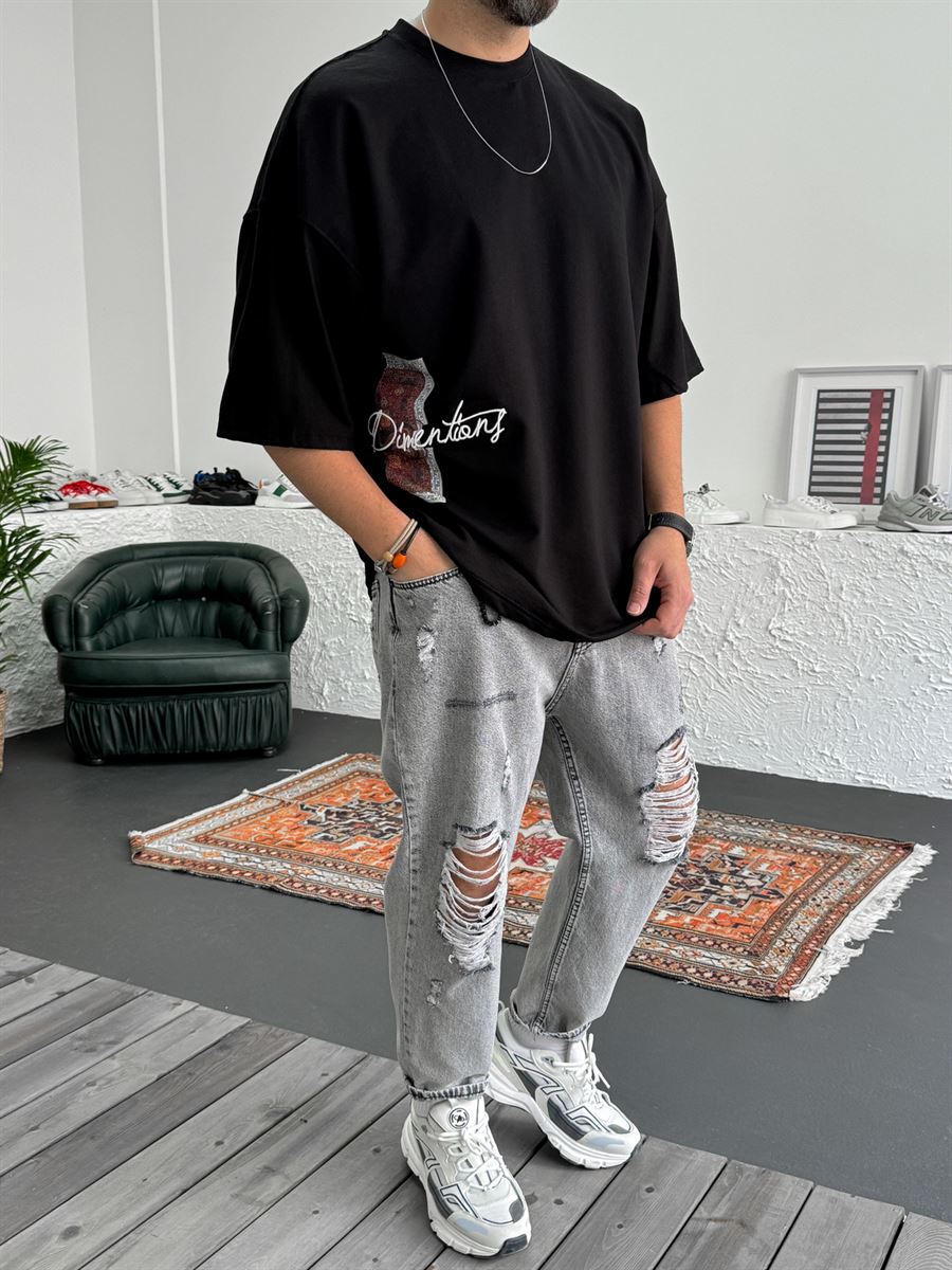 Siyah Dimentions Nakışlı Oversize T-Shirt B-1092