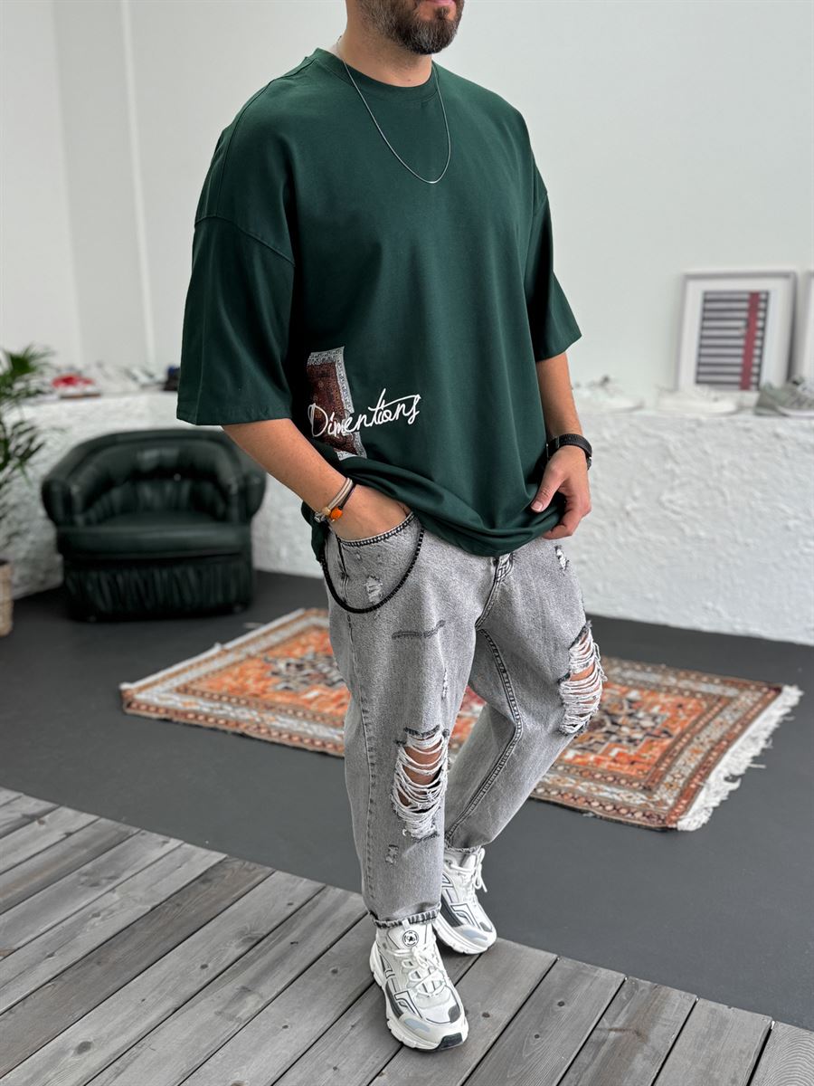 Koyu Yeşil Dimentions Nakışlı Oversize T-Shirt B-1092