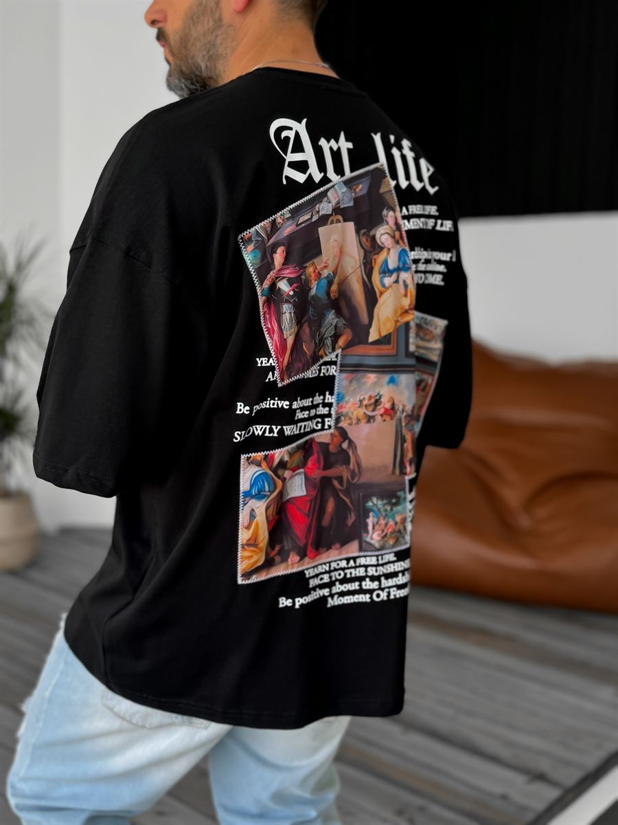 Siyah Art Life Patchli Oversize T-Shirt B-1099