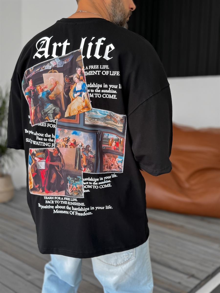 Siyah Art Life Patchli Oversize T-Shirt B-1099