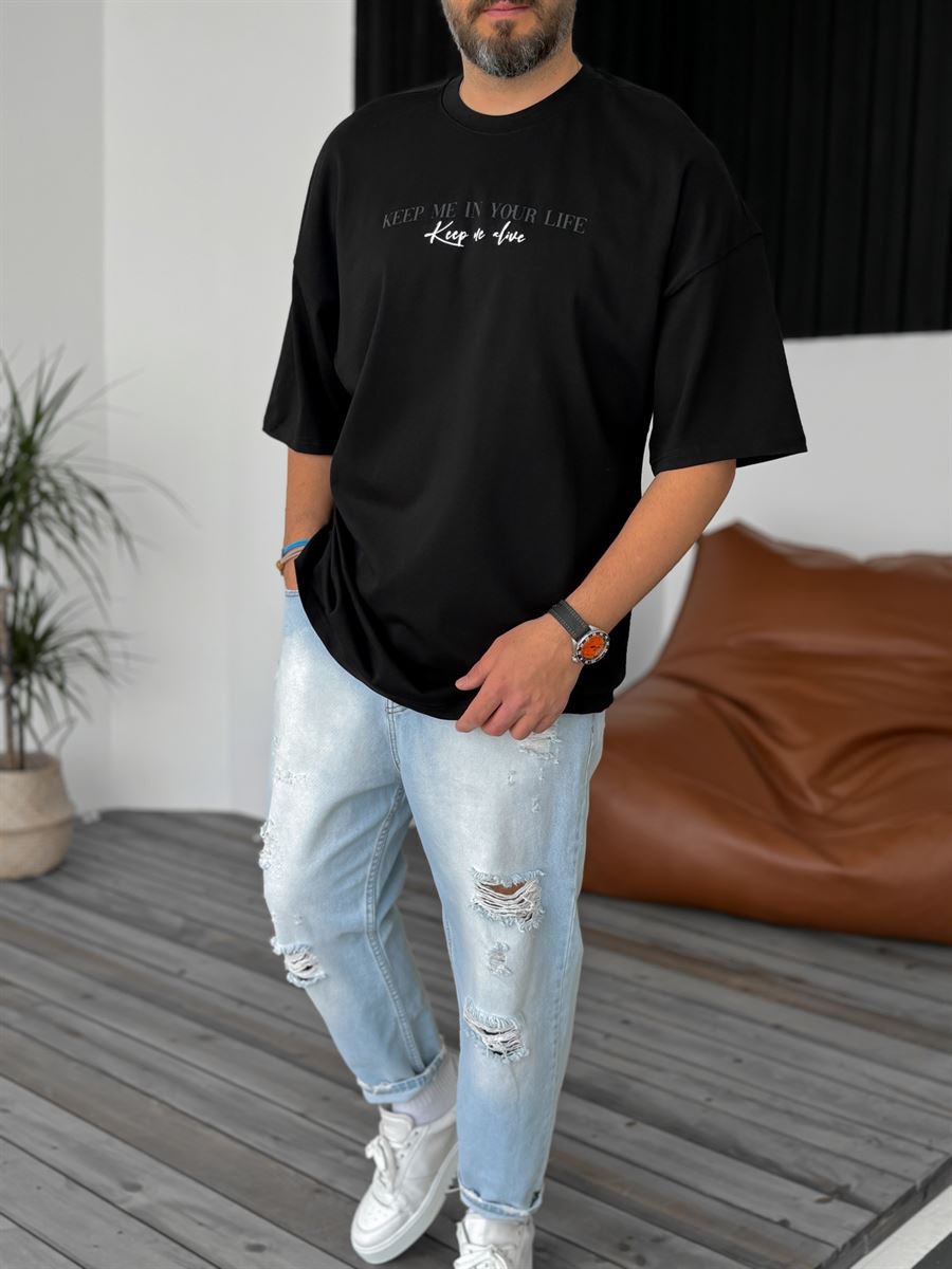 Siyah Keep Me Baskılı Oversize T-Shirt B-1149