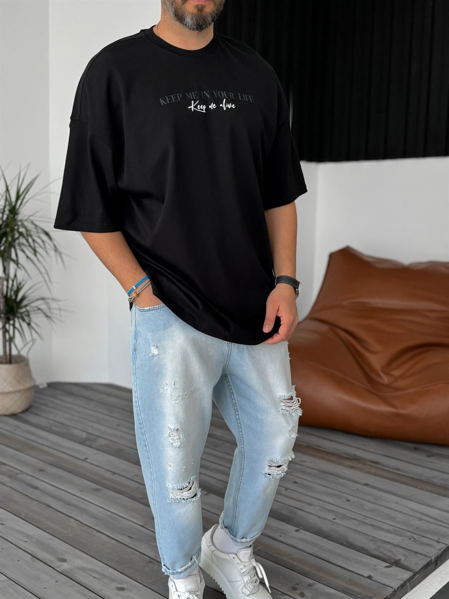 Siyah Keep Me Baskılı Oversize T-Shirt B-1149