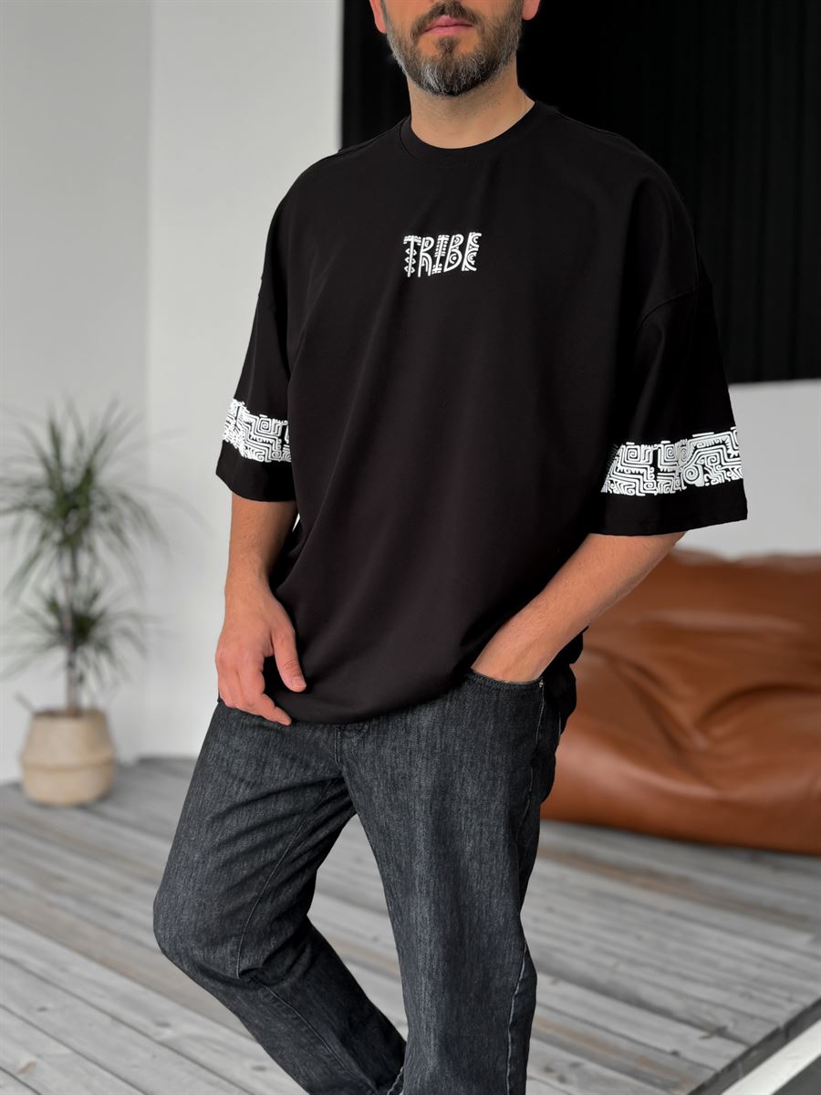 Siyah Tribe Kabartmalı Oversize T-Shirt B-1009