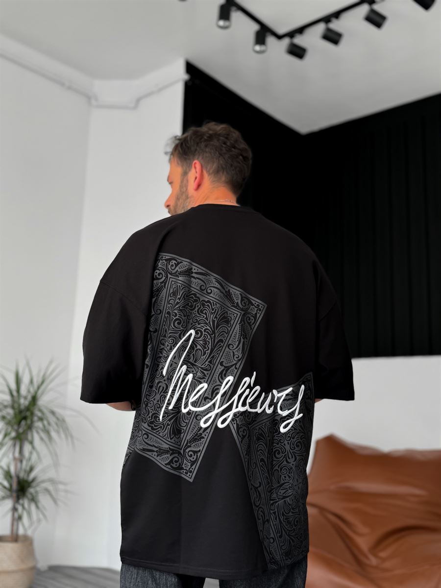 Siyah Messieurs Nakışlı Oversize T-Shirt B-1070