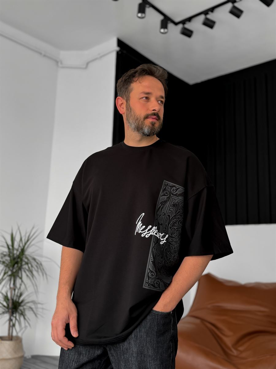 Siyah Messieurs Nakışlı Oversize T-Shirt B-1070