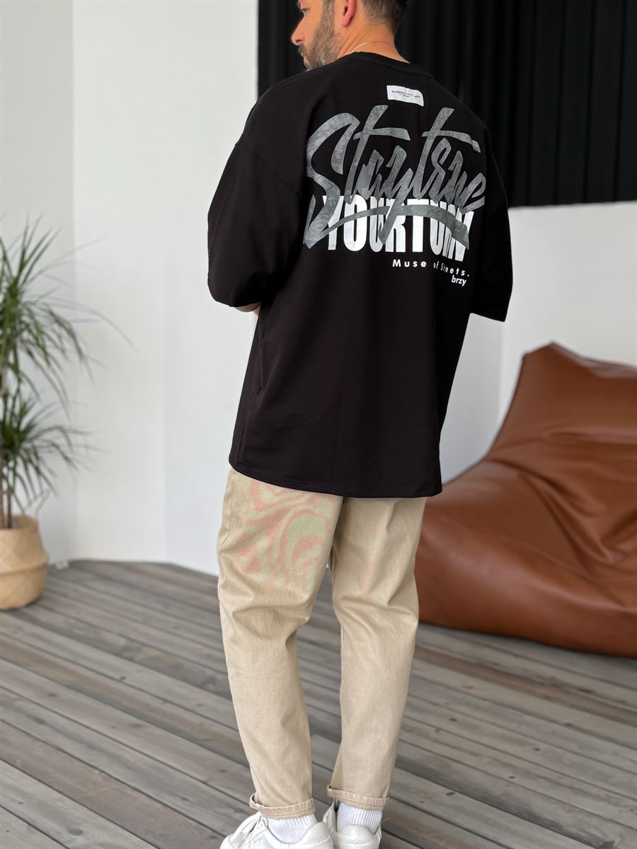 Siyah Stay True Baskılı Oversize T-Shirt B-1043