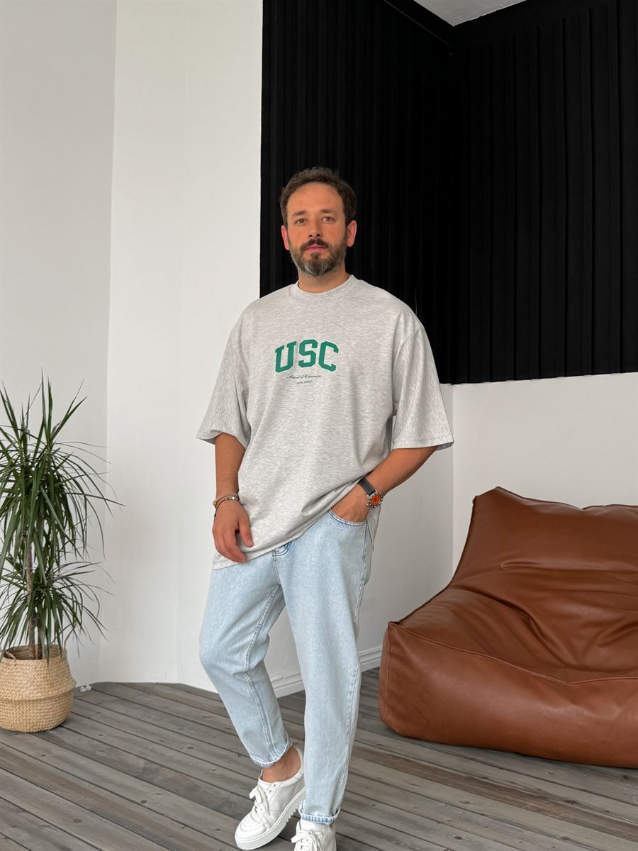 Gri Usc Baskılı Oversize T-Shirt BS-4024