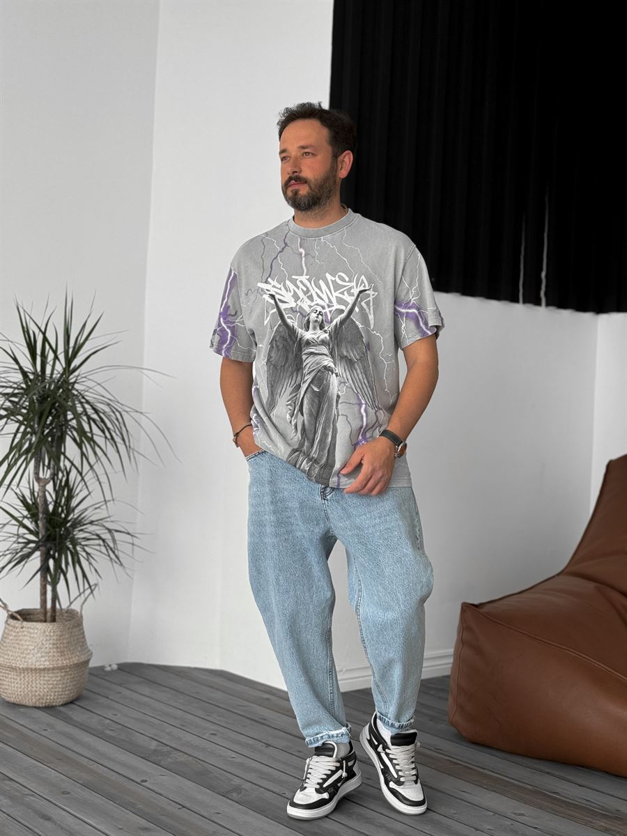 Gri Yıkamalı Heykel Baskılı Oversize T-Shirt C-071