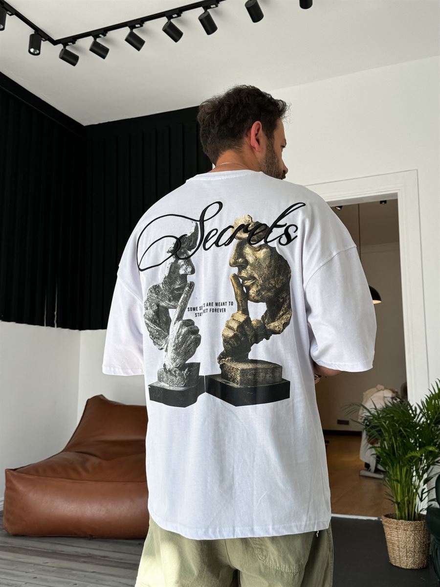 Beyaz Secrets Baskılı Oversize T-Shirt B-1114