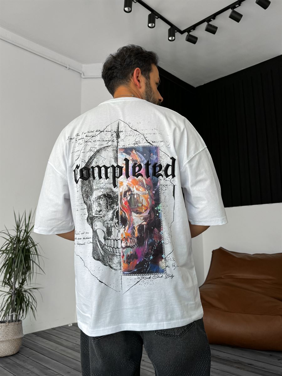 Beyaz Completed Baskılı Oversize T-Shirt B-1161