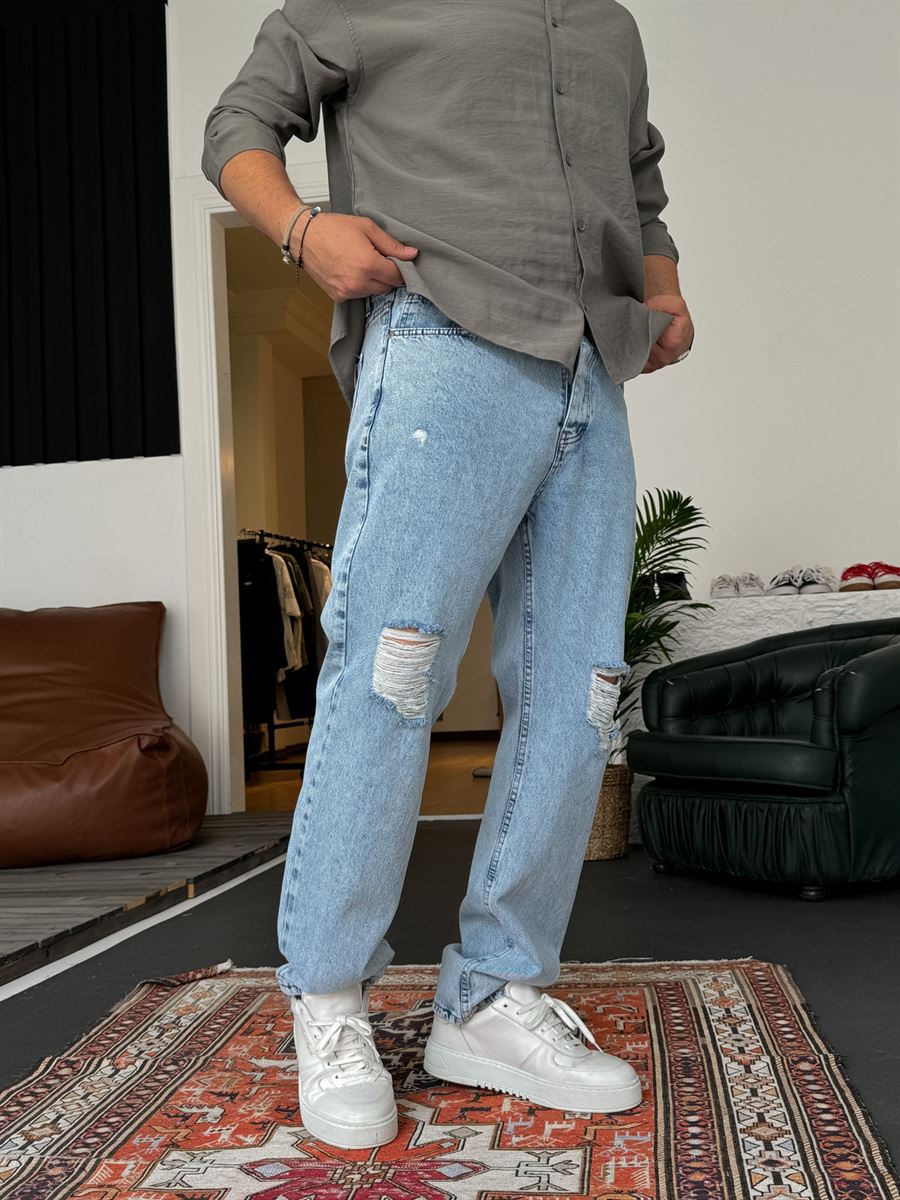 Buz Mavisi Yırtıklı Baggy Jean KE-447