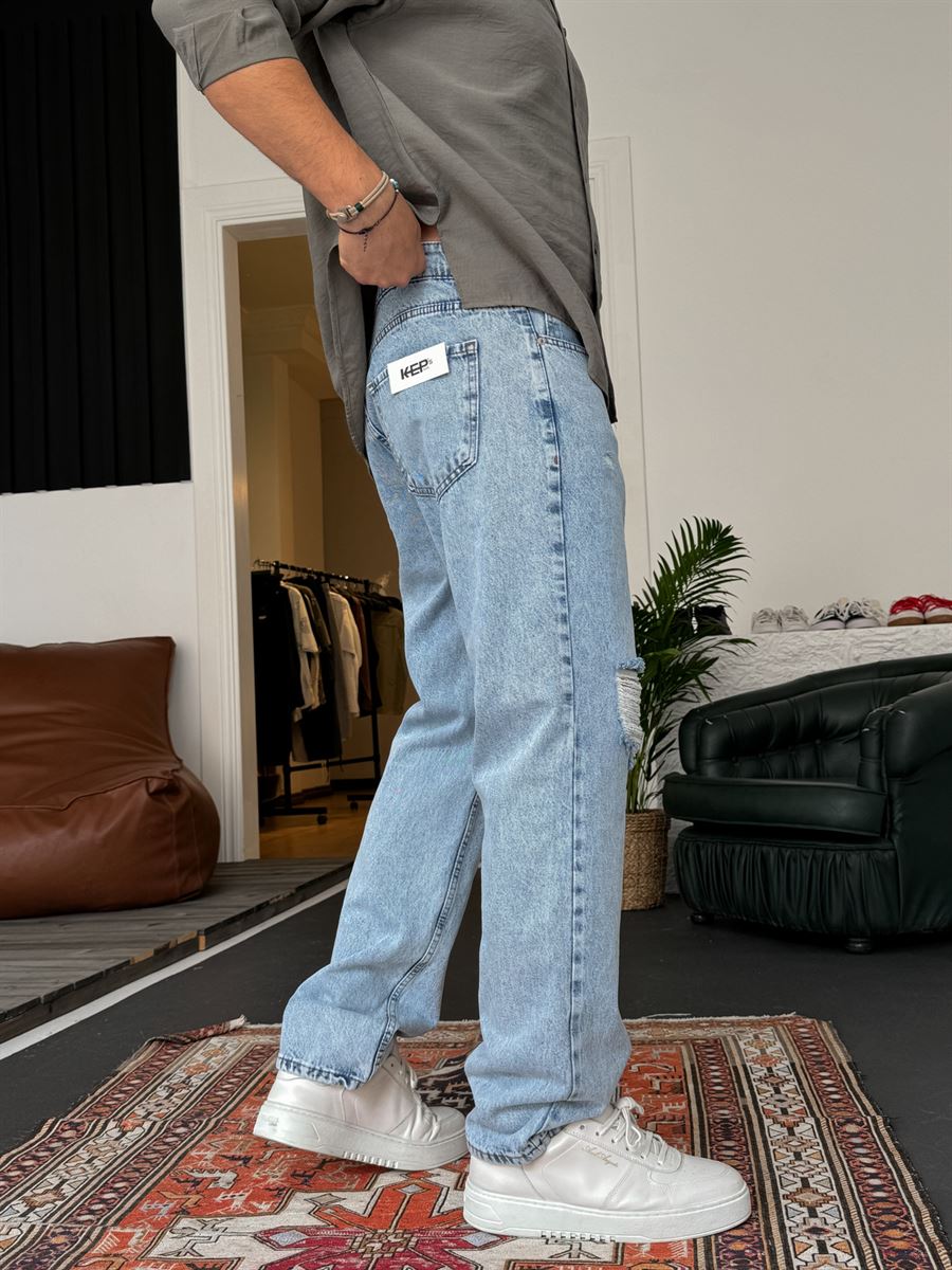 Buz Mavisi Yırtıklı Baggy Jean KE-447