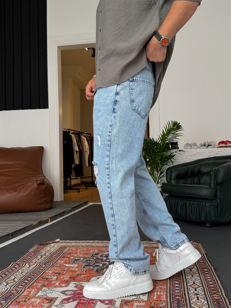 Buz Mavisi Yırtıklı Baggy Jean KE-447