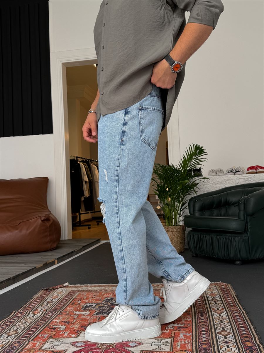 Buz Mavisi Yırtıklı Baggy Jean KE-447