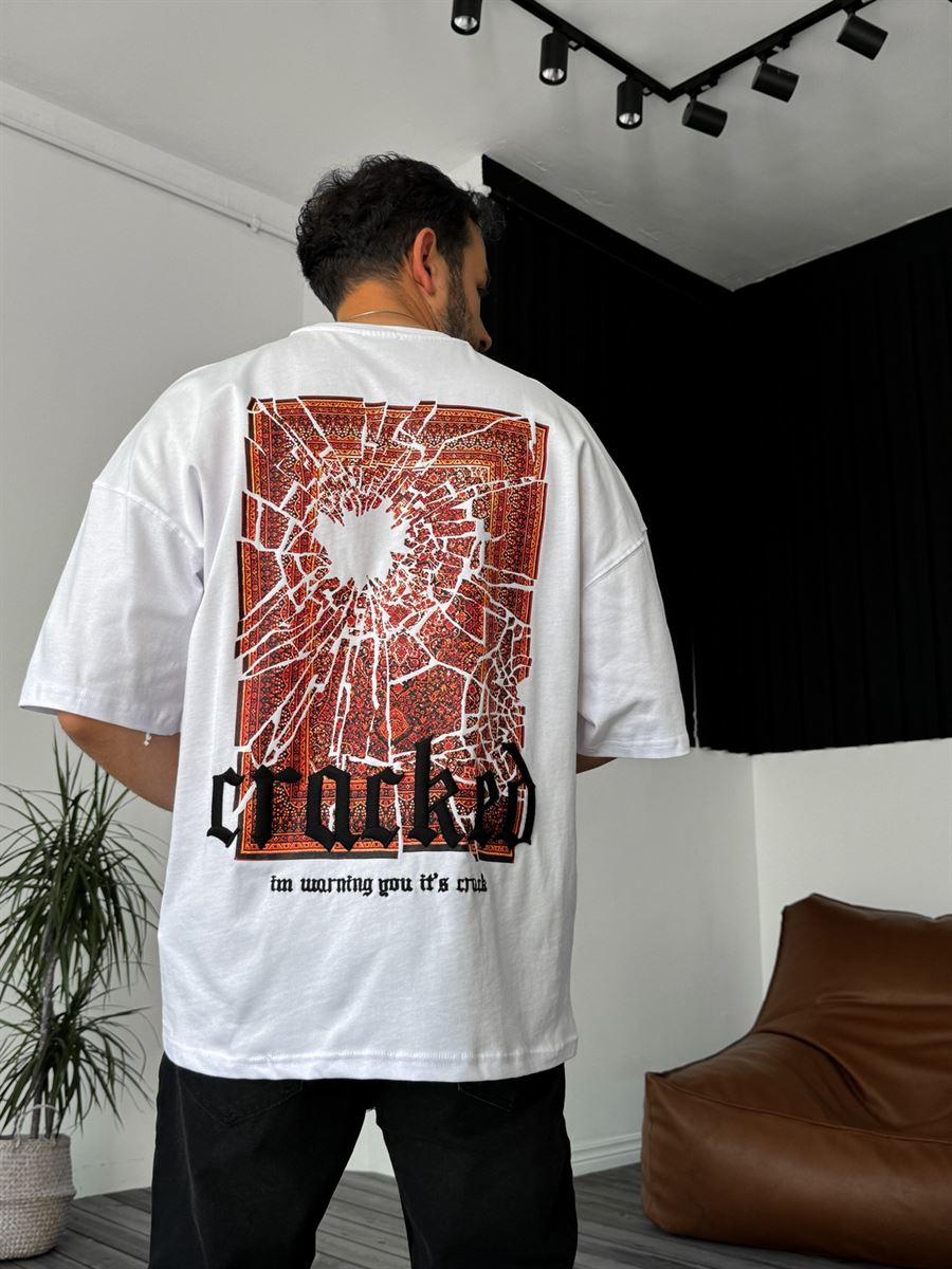 Beyaz Cracked Nakışlı T-Shirt B-1164