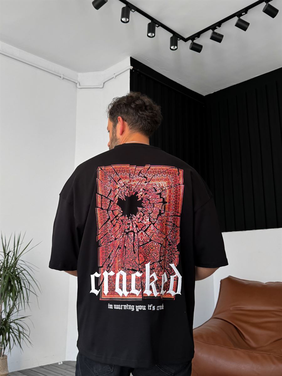 Siyah Cracked Nakışlı T-Shirt B-1164