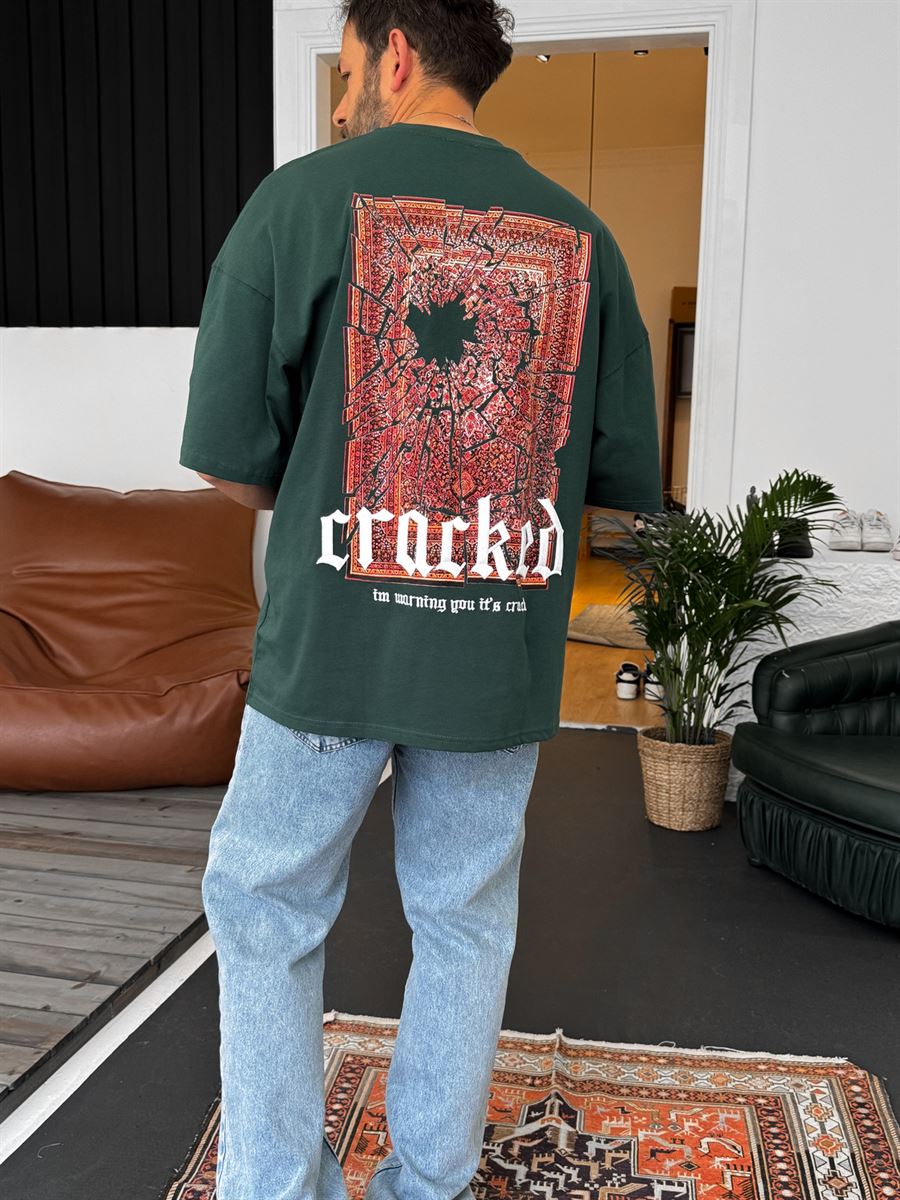 Koyu Yeşil Cracked Nakışlı T-Shirt B-1164